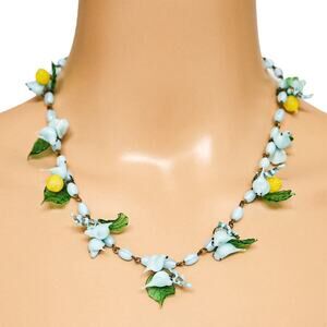 Vintage Murano Venetian Glass Tutti Frutti Blue Birds & Lemons Necklace 16”